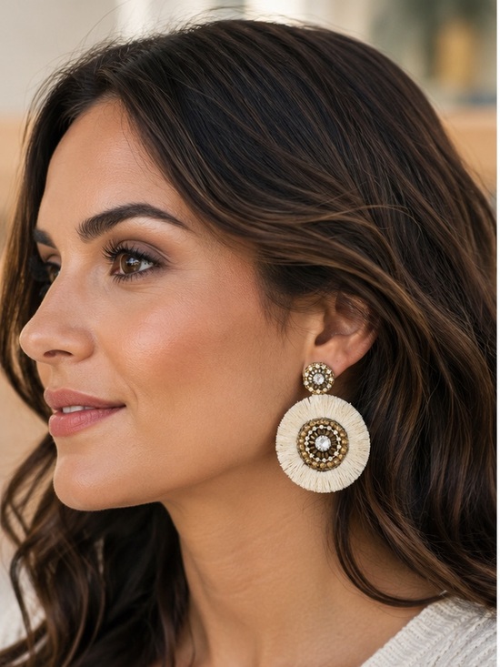 Jewelry - Boho Cream Fringe Disc Earrings with Gold Beaded Accents
